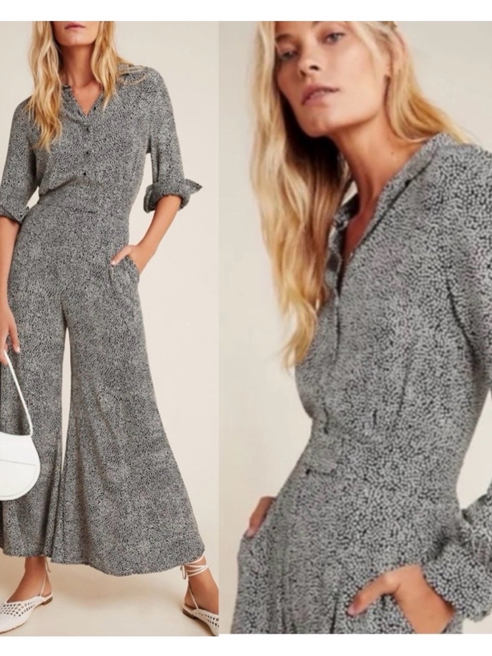 Anthropologie Loveland Wide Leg Jumpsuit Black White Jumpsuit Sz 12